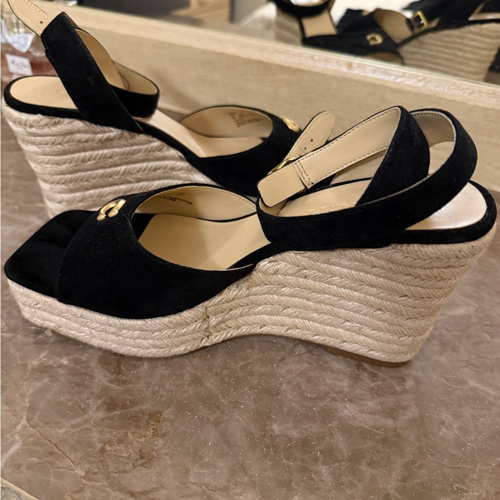 COACH Black Suede Espadrille Wedge Sandal Women's Size US 7 Gold Coach Logo - Picture 6 of 6